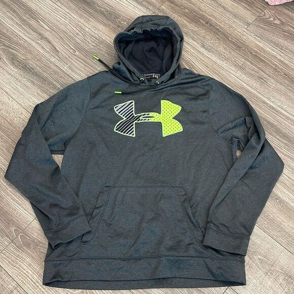 Under Armour Hooded Charcoal Grey/Lime Green Logo Hooded Sweatshirt Size Large - Picture 1 of 4